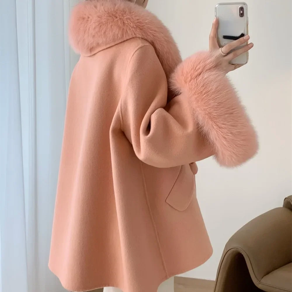 Real Big Fur Coat Women Detachable Collar Woolen Jacket New Fashion Winter Autumn Loose Cashmere Blends Luxury Fashion Cloak