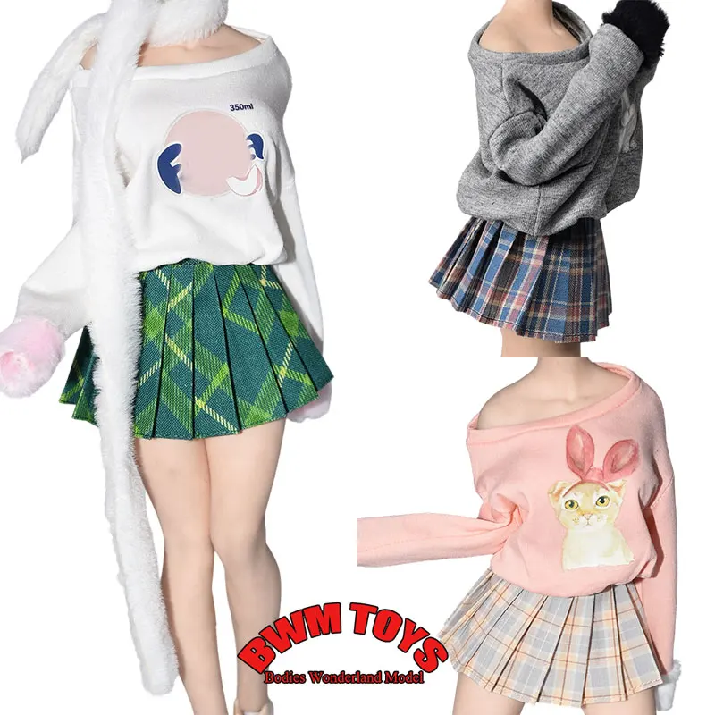 

In Stock 1/6 Female Soldier Off Shoulder Round Neck Printed Pullover Short Pleated Skirt Plush Scarf For 12'' Action Figure Body
