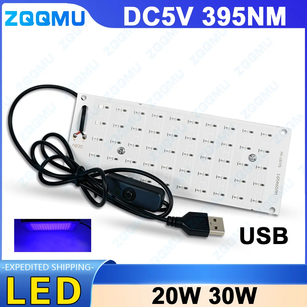 DC5V 20W 30W UV 395nm LED Diode Board 395nm Chip UV Curing Sterilization And Disinfection LED PCB Board With USB Switch Cable