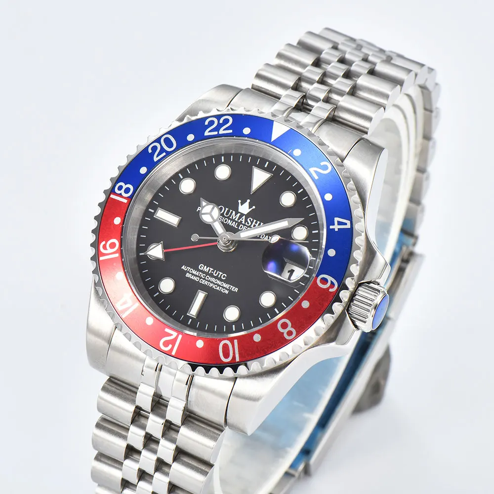 นาฬิกาผู้ชาย 40 มม. NH34 การเคลื่อนไหว GMT อัตโนมัติกระจกแซฟไฟร์โลโก้ที่กำหนดเองนาฬิกาธุรกิจผู้ชาย