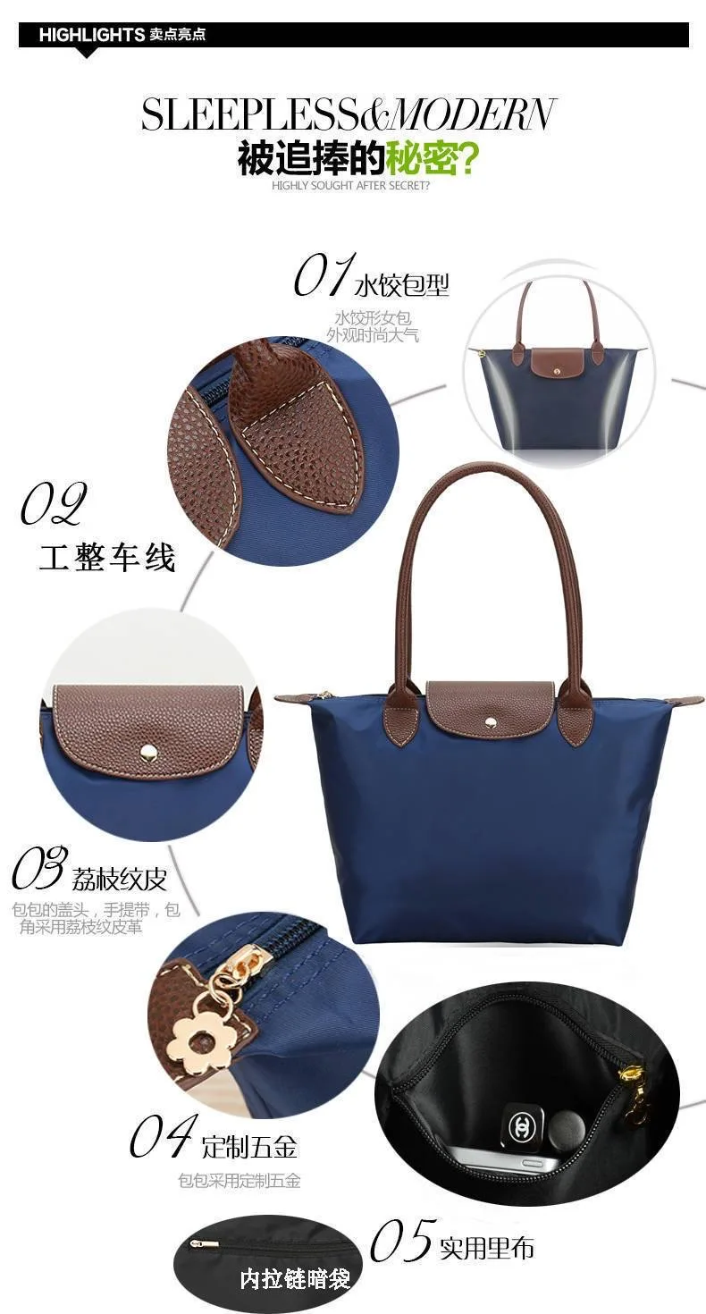 Nova moda bolsa de ombro feminina alta qualidade náilon bolsa grande capacidade clássico bolsa dobrável bordado bolinho saco