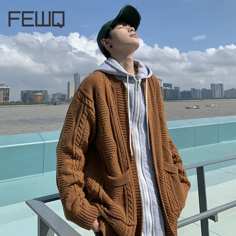 FEWQ Autumn Hooded Fake Twopiece Contrast Color Knitted Cardigan Sweater 2024 Patchwork Long Sleeve Male Tops Casual 24E2376