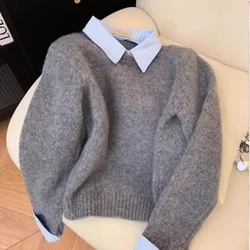 Gagaok Fake Two Shirt Collar Sweater Women Korean Style Contrasting Color Gray Pullover Knit Top Gentle Solid Pull Femme