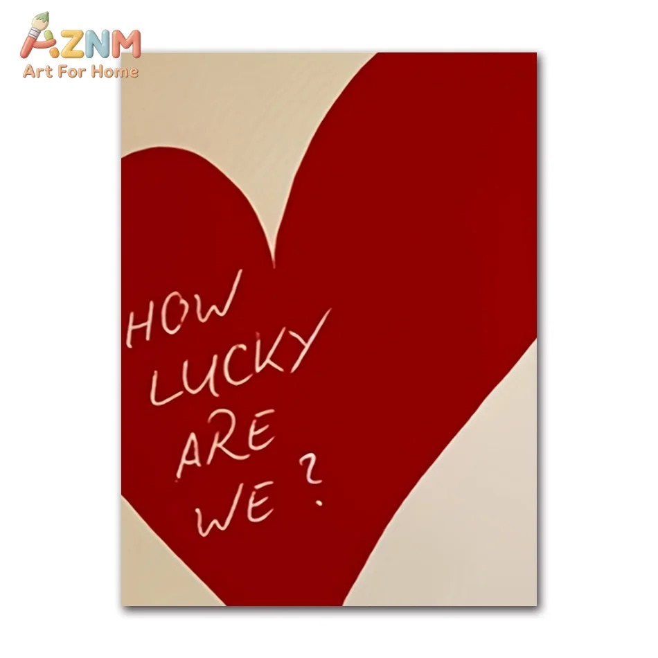 AZNM Romantic Red Heart Canvas Wall Art This Is My Happy Place How Lucky Are We Sweet Text Print Neutral Beige Background Couple