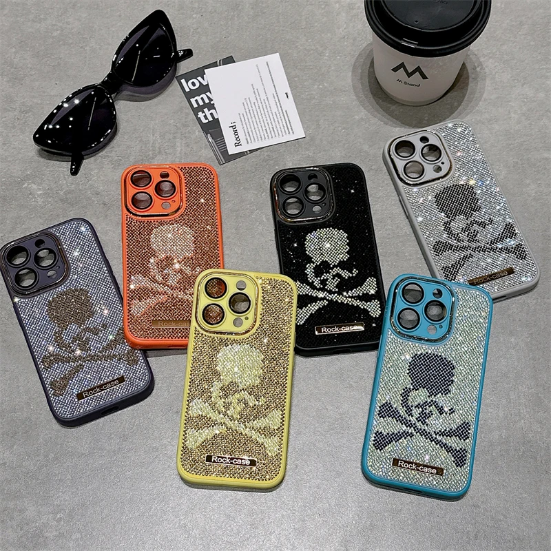 Fashion Skull Full Screen Diamond Phone Case for 14 Pro Max 13 12 11 Retro Metal labels Camera lens protection coque funda