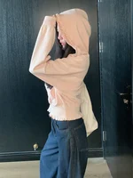 Korean Pink Zipper Hooded Sweatshirt for Women's Cute Outerwear Cardigan with Ruffle Edge Long Sleeved Top Loose Hoodie - Image 3