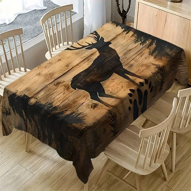 One classic brown wood-grain tree and deer pattern tablecloth - modern rectangular polyester table mat