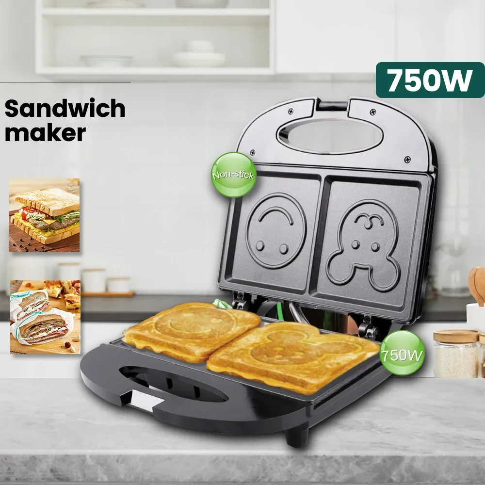 110V-220V Household Appliances Smiley Sandwich Machine Mini Home Breakfast Machine Multifunctional Bread Maker DIY Waffles