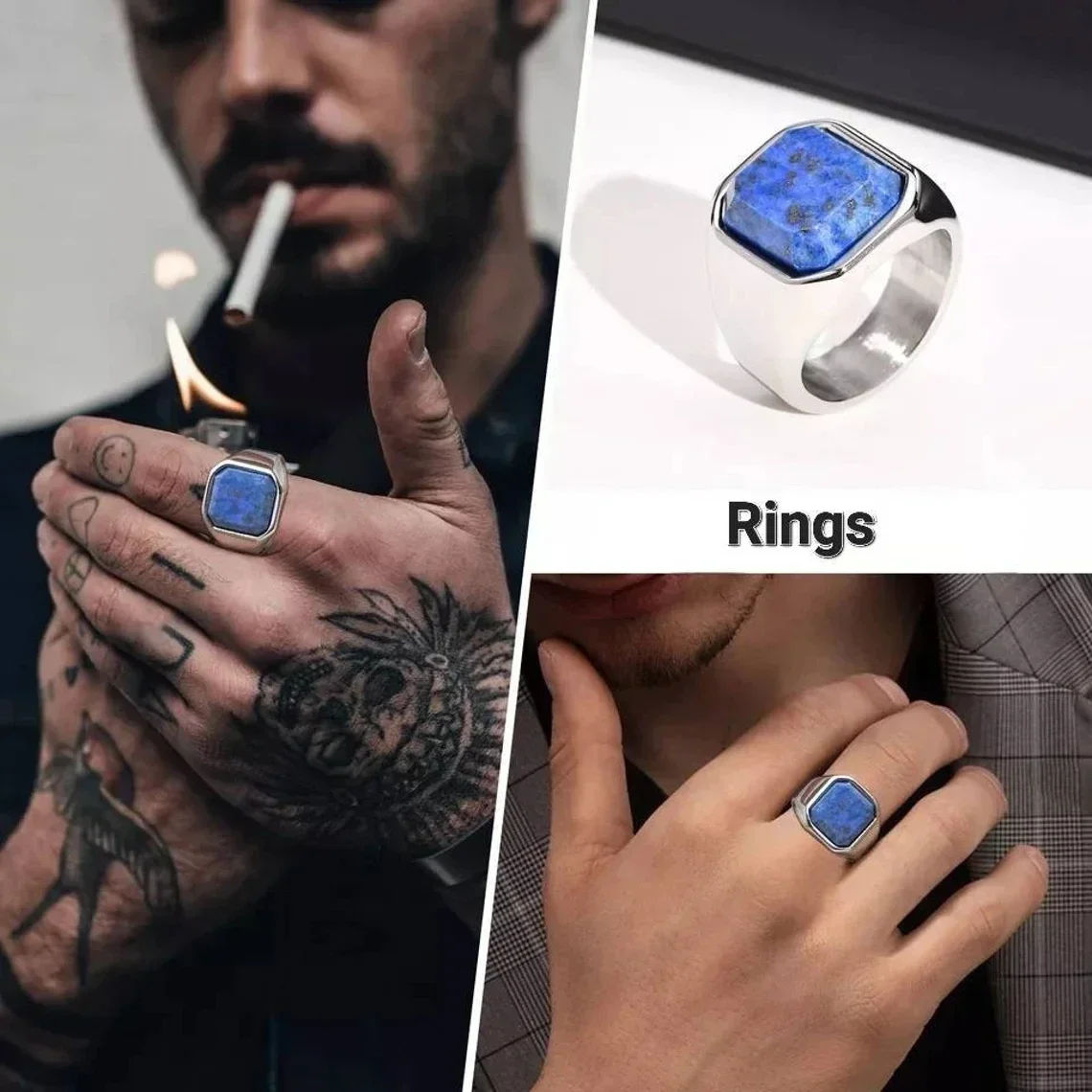 Mens Natural Lapis Lazuli Navy Dark Blue Brazilian Stone Signet Ring Male Stainless Steel Party Jewelry Gifts for Boyfriend