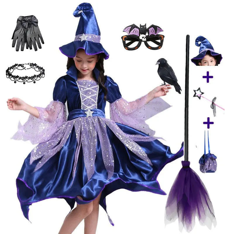 All Saint's Day Kids Dark Blue Star Tulle Witch 4 PCS Costume Set Dress+Wizard Hat+Magic Wand Bag Girls Halloween Cosplay Outfit