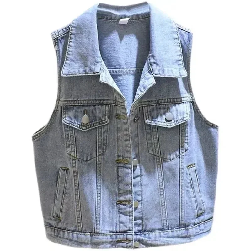 Veste courte en denim émaillé pour femme, gilet de cow-boy simple, manteau de fibre à grandes poches, haut femme, printemps, été, nouveau, 2024