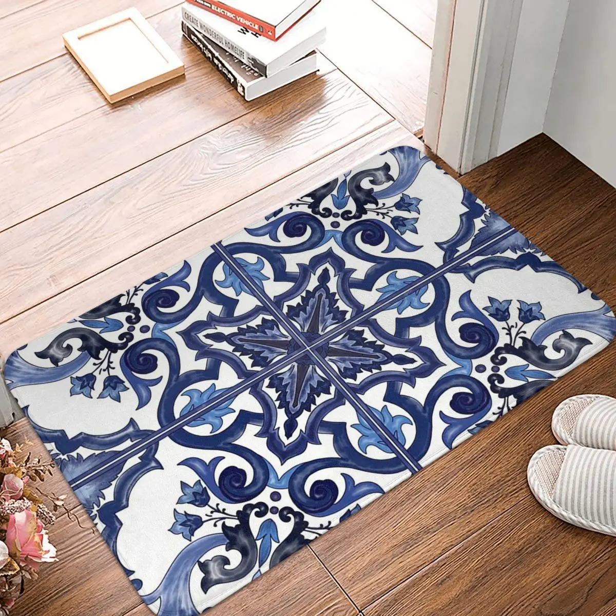 Blue Ornate Floral Mediterranean Sicilian Tile Anti-slip Doormat Floor Mat Sand Scraping Carpet Rug Kitchen Entrance Home Mats