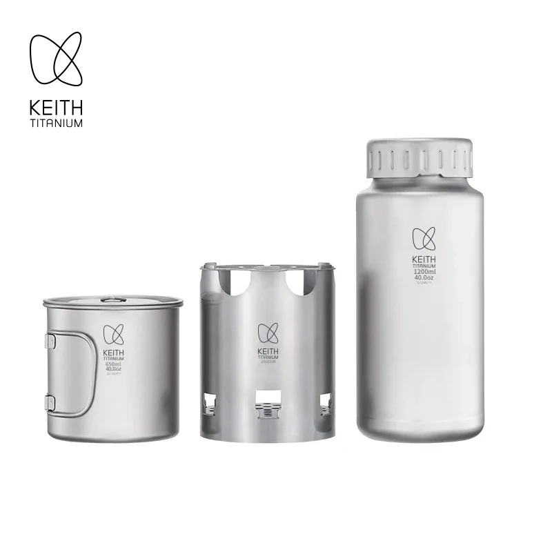 KEITH Pure Titanium Nesting Camping Set 1200ml Water Bottle + 650ml Mug + Titanium Wood Stove Portable Outdoor Cookware kit