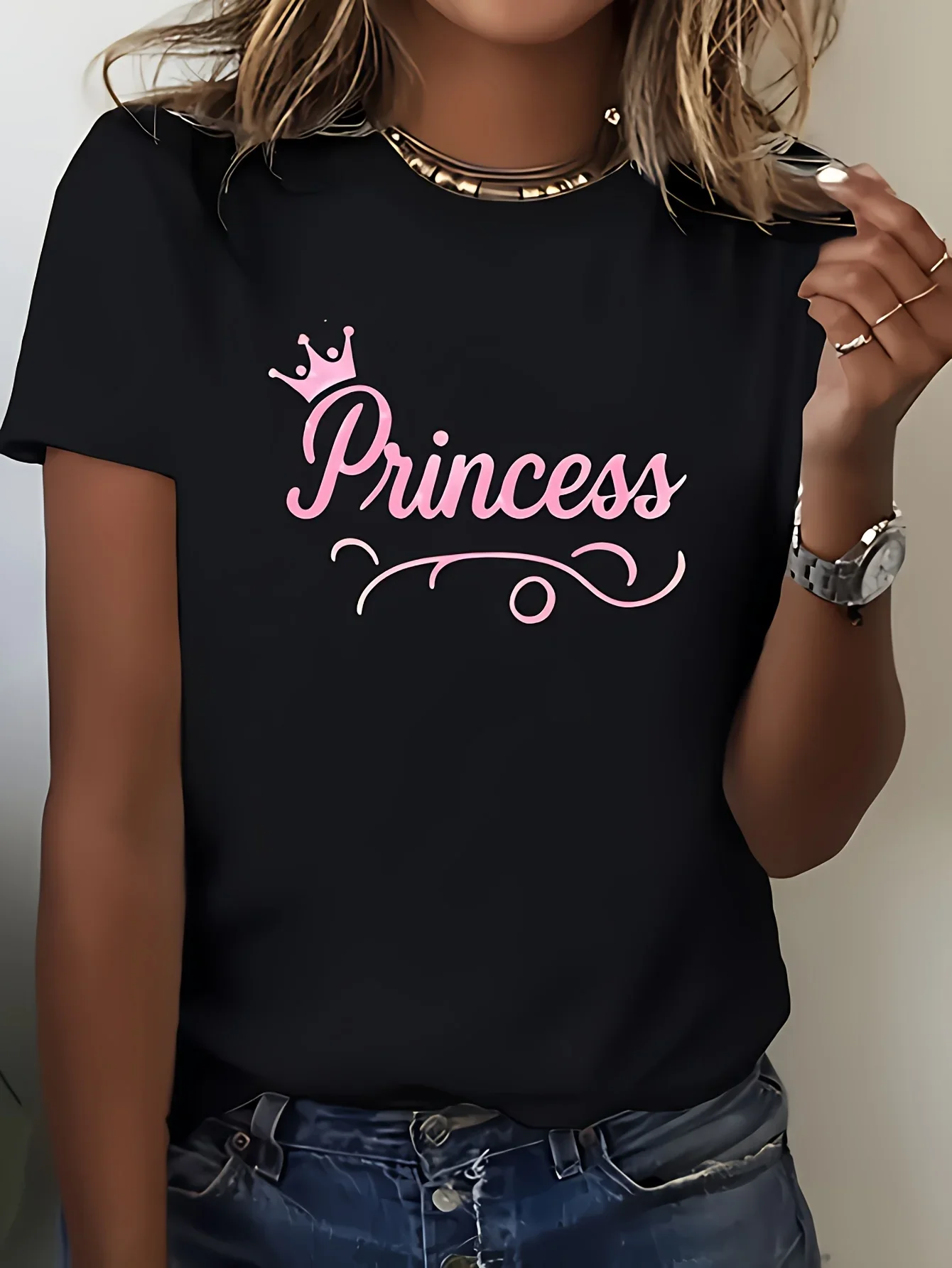 Women's Casual Short Sleeve T-Shirt with Princess Graphic Crown Design with Pink Lettering Soft Breathable Fabric Round Neck