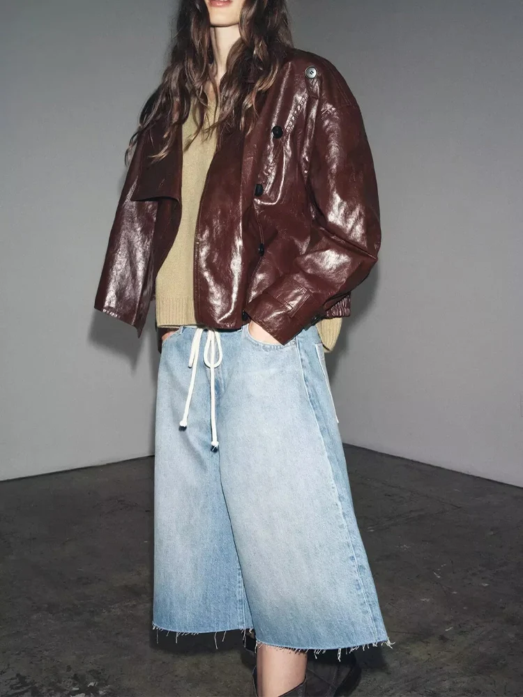 

European style new women's fashionable and versatile elegant simple solid color glossy lapel long-sleeved coat