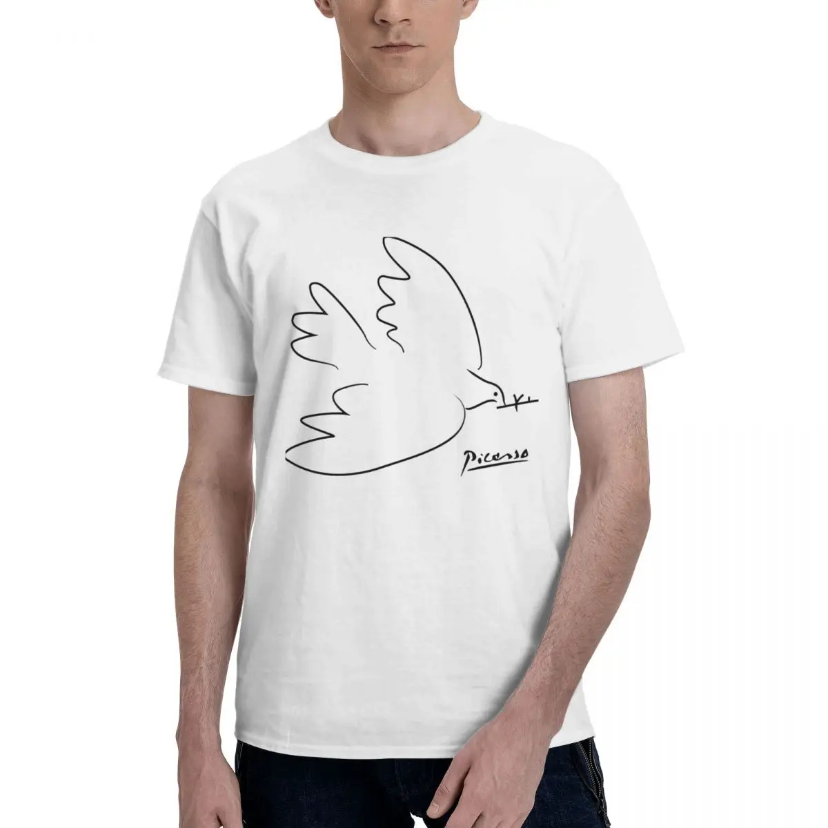 Funny Men's T-shirt Dove Of Peace S White Round Neck 100% Cotton Pablo Picasso short sleeve Man Tee Shirt