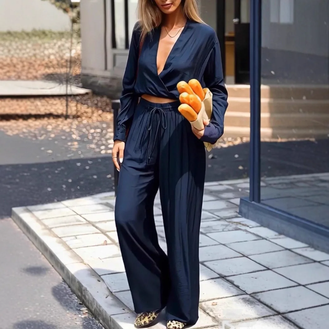 

Fashion Pants Sets Women Summer 2026 Casual Long Sleeve Deep V-neck Crop Tops And Wide Leg Pant Two Piece Set Woman Outfits