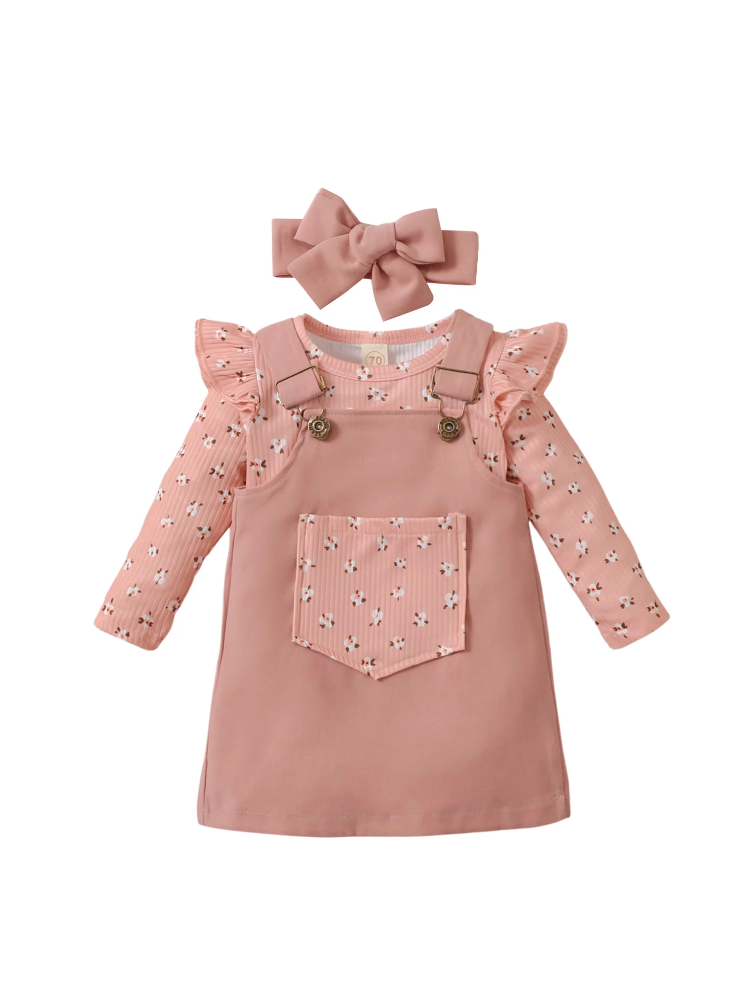 

Adorable Toddler s Outfit Set with Ruffled Sleeve Bodysuit Denim Overalls and Matching Bow Headband for Girls