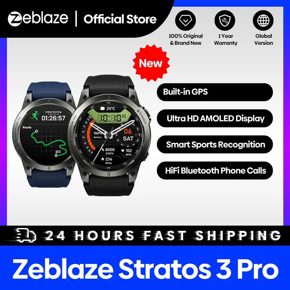 

[Мировая премьера 2024] Zeblaze Stratos 3 Pro GPS Смарт-часы Встроенный GPS 1,43-дюймовый AMOLED-дисплей Bluetooth Телефонные звонки для мужчин
