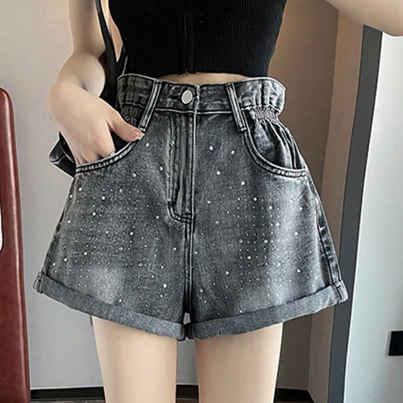 American Vintage Gray Wide Leg Denim Shorts for Women Fashion Rhinestone Roll Up Hem Shorts Streetwear High Waist Slim Hot Pants