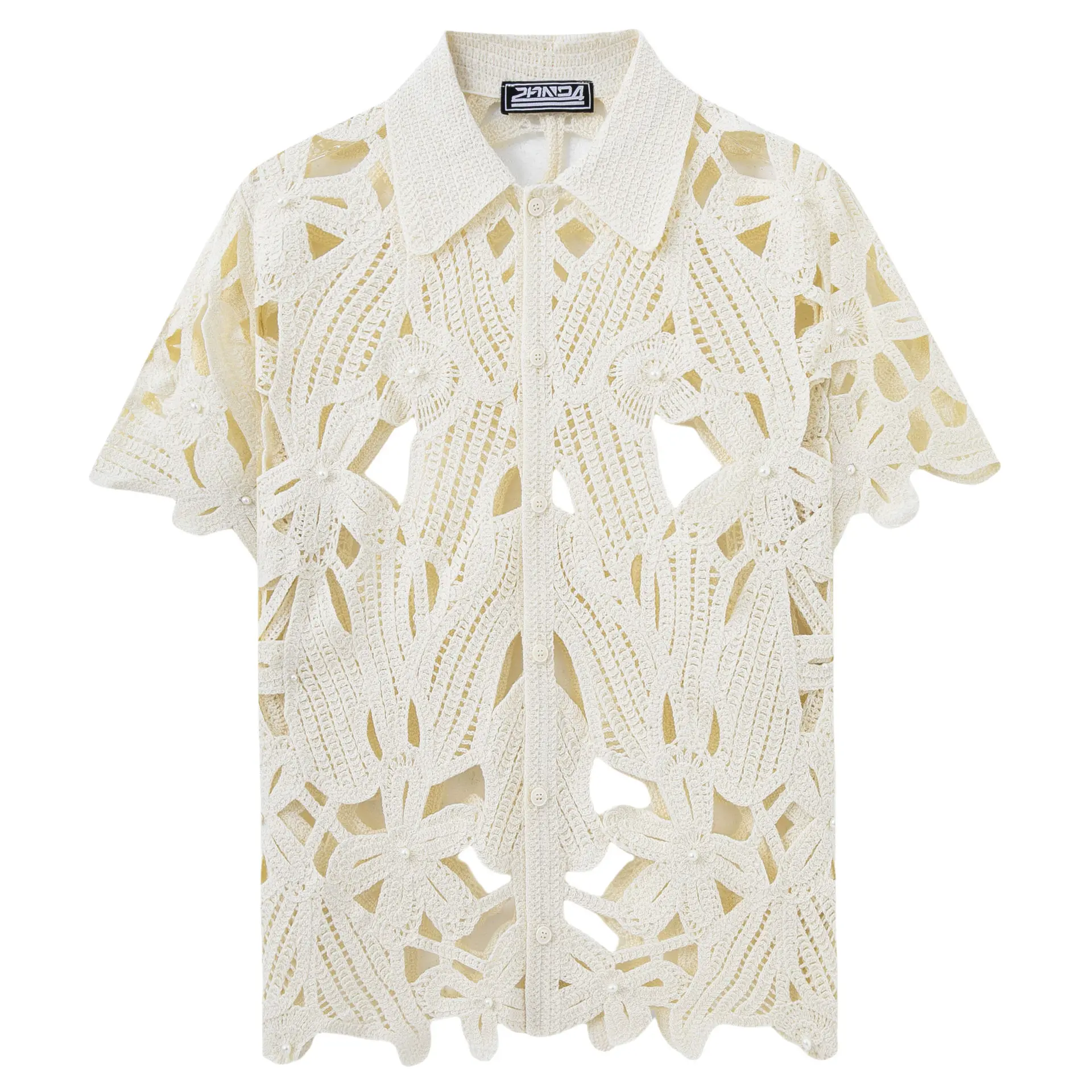 

Sexy Hollow out Soluble Knitted Shirt Men's Casual Open Cardigan Shirt Loose Fit Short Sleeve Lightweight Summer Wear