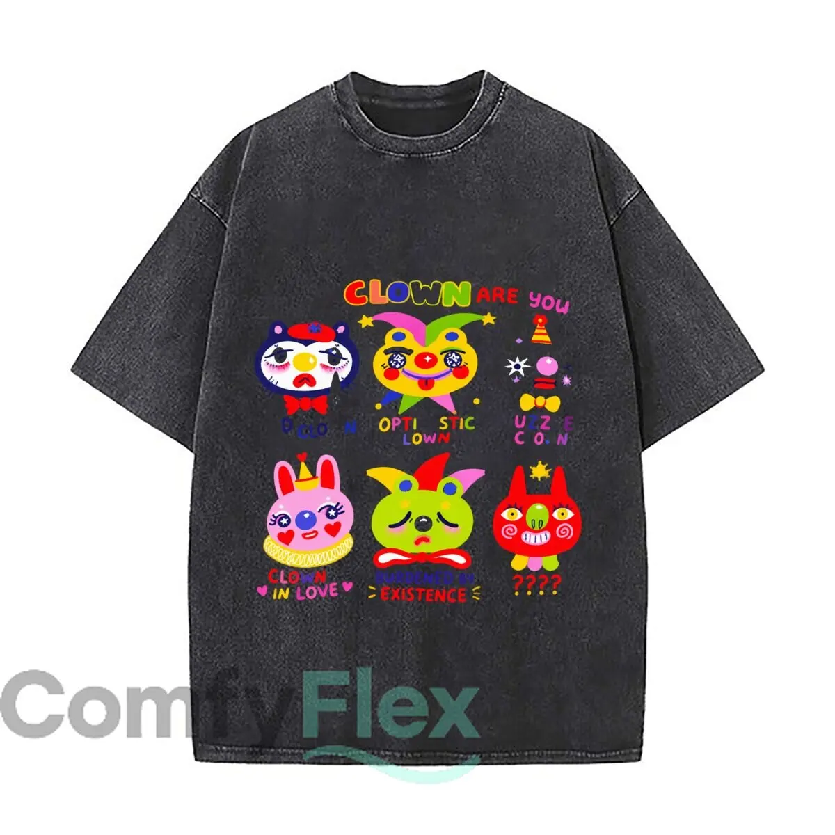 Clown, êtes-vous optimiste ? Clown amoureux, lourdement affecté par l'existence, délavé, usé, hauts streetwear amples pour les promenades en ville.