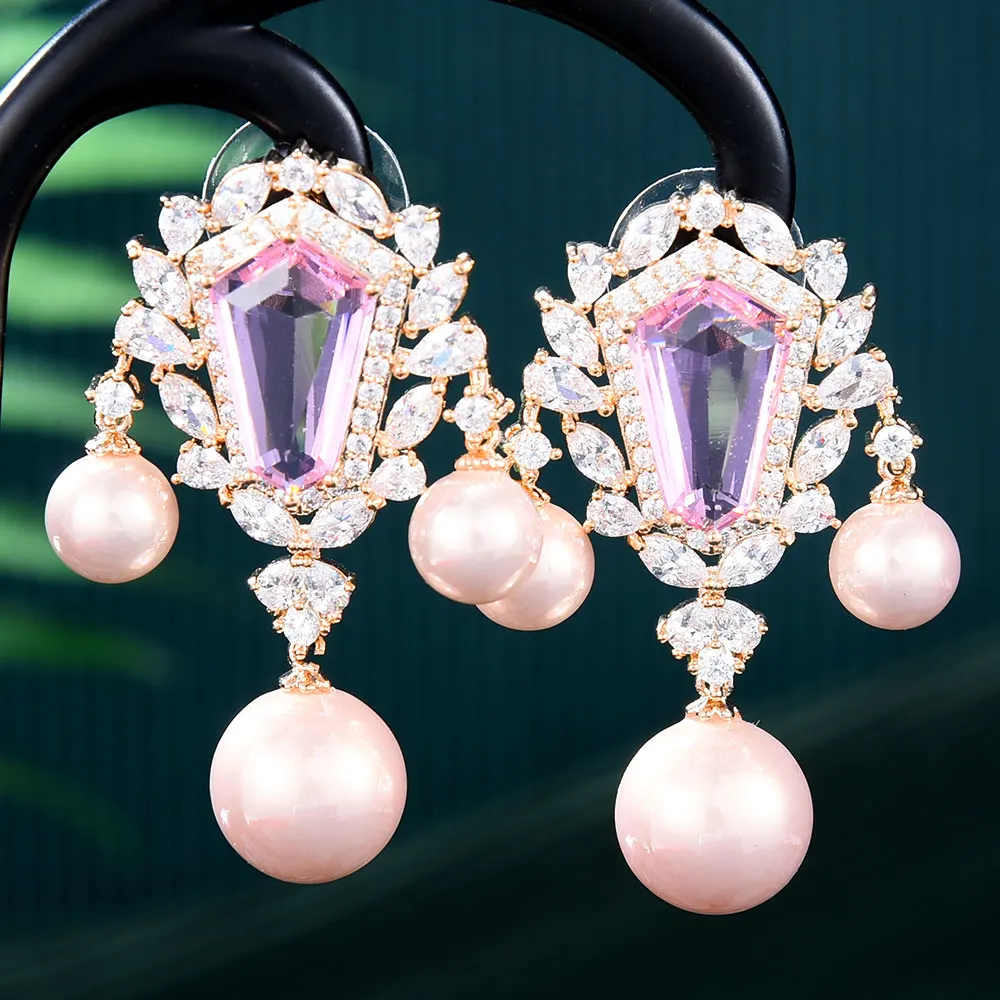 

GODKI Special Square Pink Pearl Earrings for Women Wedding Cubic Zircon Fashion Engagement Party Jewelry pendientes mujer moda