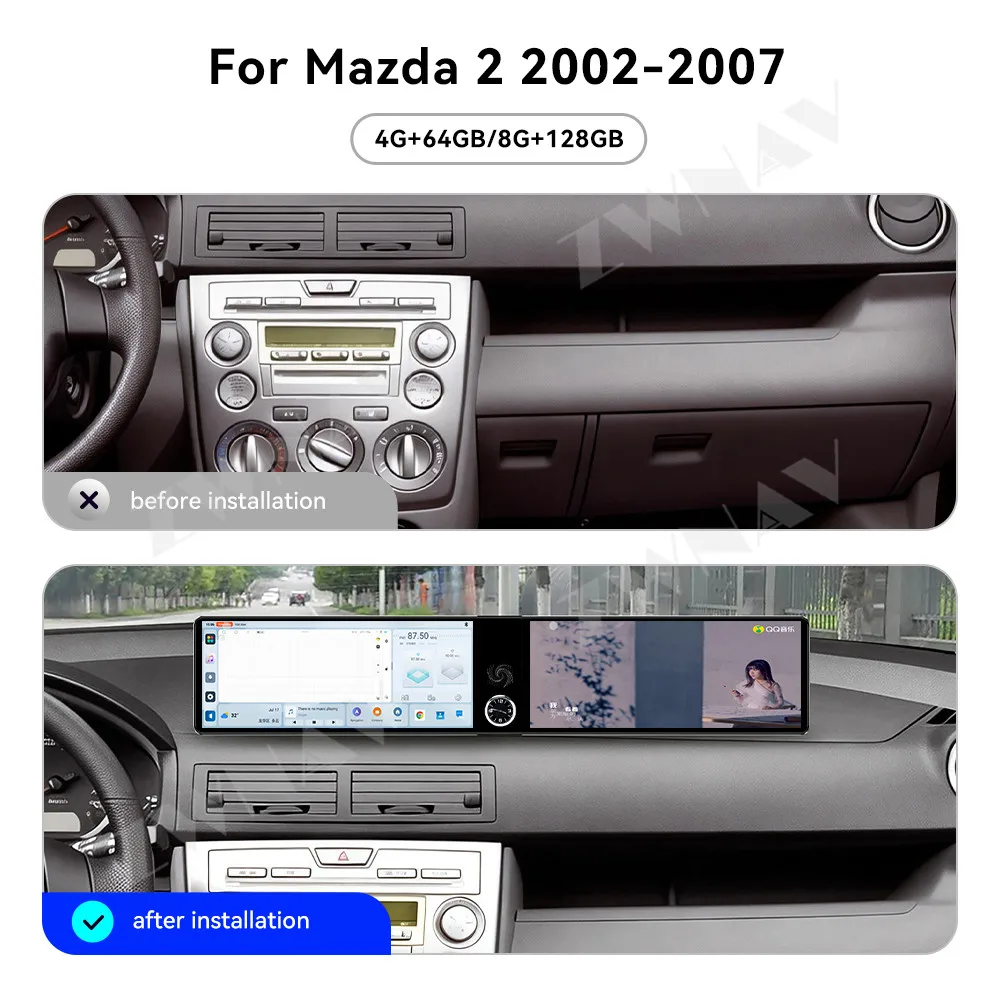 Acessórios para Interior de Carro Android 13 Tela Dupla HD de 12.3 Polegadas para Mazda 2 2002-2007 Reprodutor Multimídia GPS Automotivo Unidade Centr