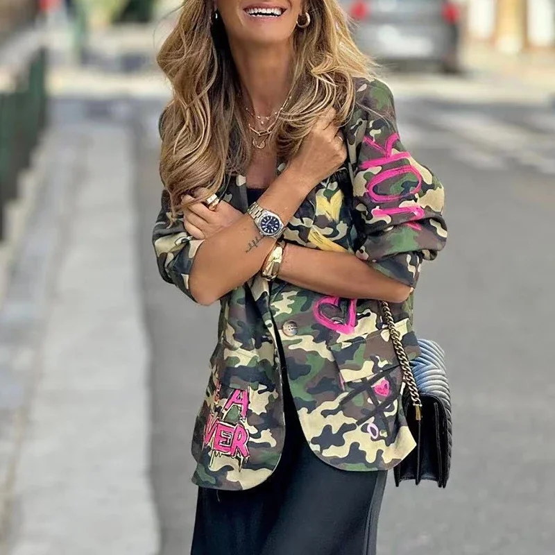 Dames Retro Camouflage Singles Breasted Commuter Jacket Elegant Casual Bloemenprint Lange mouwen Jassen Tops Herfst Uitloper