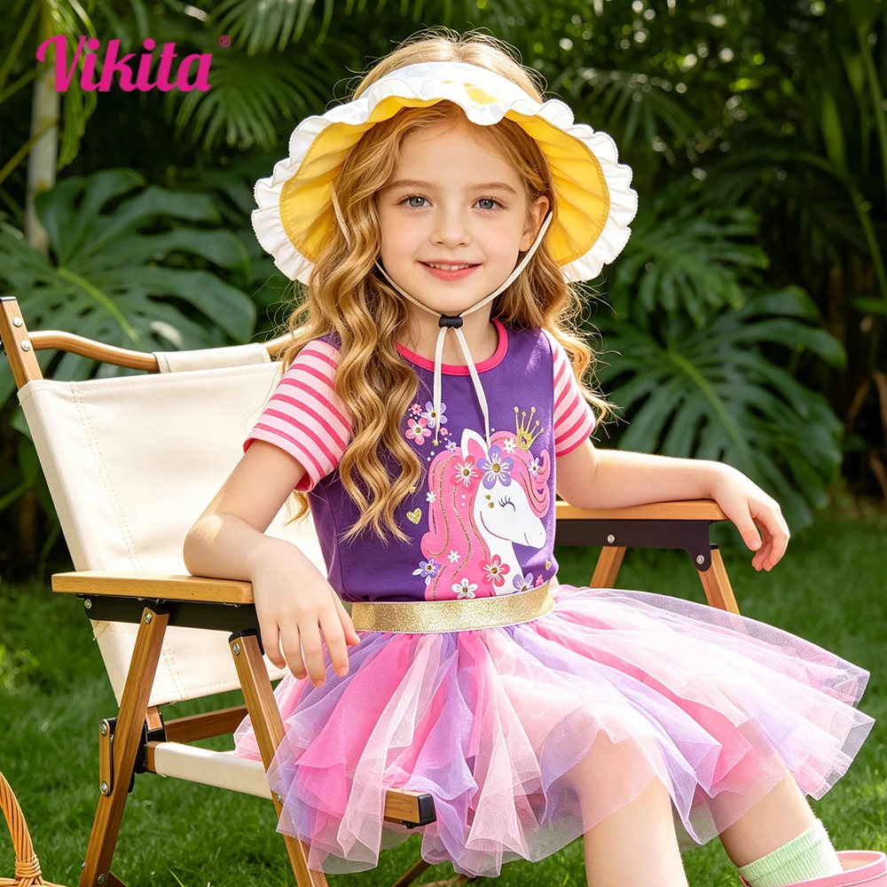 VIKITA Mädchen-T-Shirt mit lila Einhorn-Blumendruck, für Kinder, Baumwolle, weich, Sommer, kurzärmelig, für Schule, Alltag, Freizeit, Prinzessinnen-Tops und T-Shirts