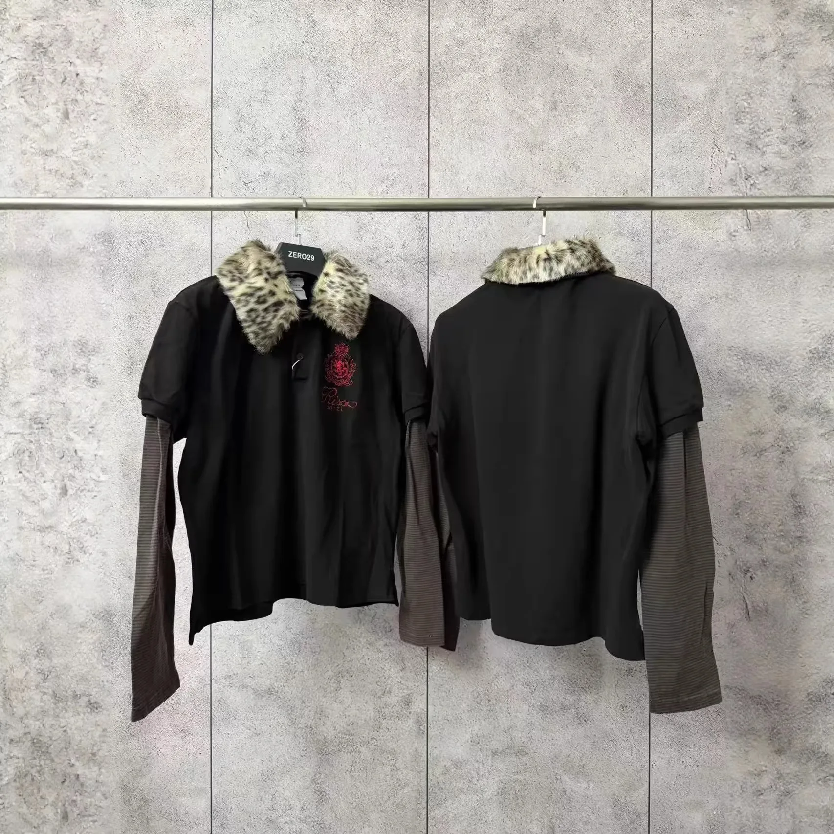 Protocol index polo with stand-up collar washed and fitted embroidered detachable with a fur collar