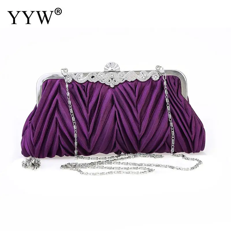 Pleated Satin Rhinestone Clutch Bag Solid Color Women Handbag Bridal Wedding Party Evening Messenger Purse Shoulder Chain Bag