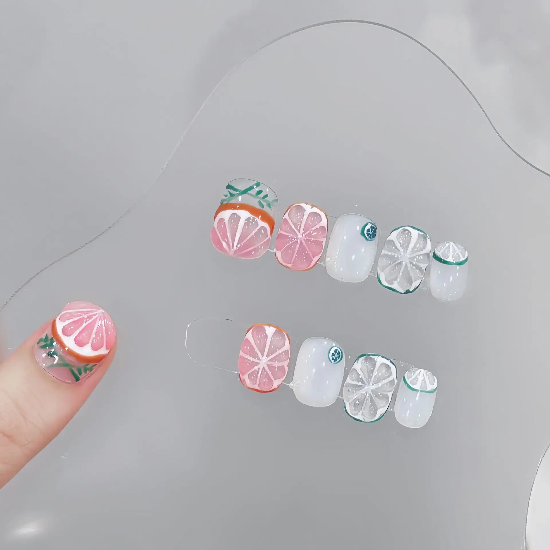 10Pcs Short Handmade Fruits Press on Nails Summer Set Reusable Acrylic Fake Nails Ballet Full Cover Manicuree Wearable Nail Tips