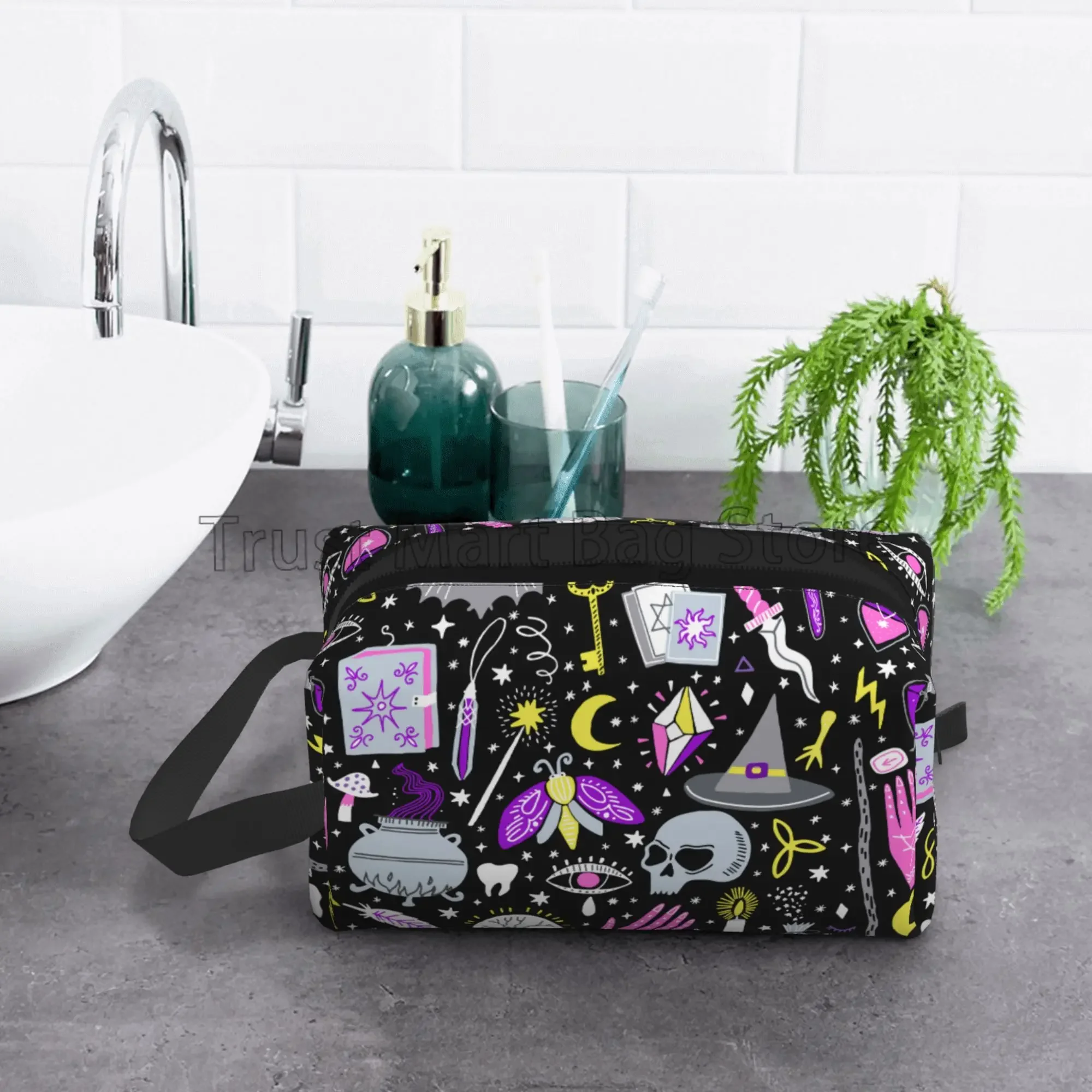 Magic Witch Goth Gothic Witchy Skull Makeup Bag Organizer Large Cosmetic Bags Portable Travel Toiletry Bag Women Storage Pouch