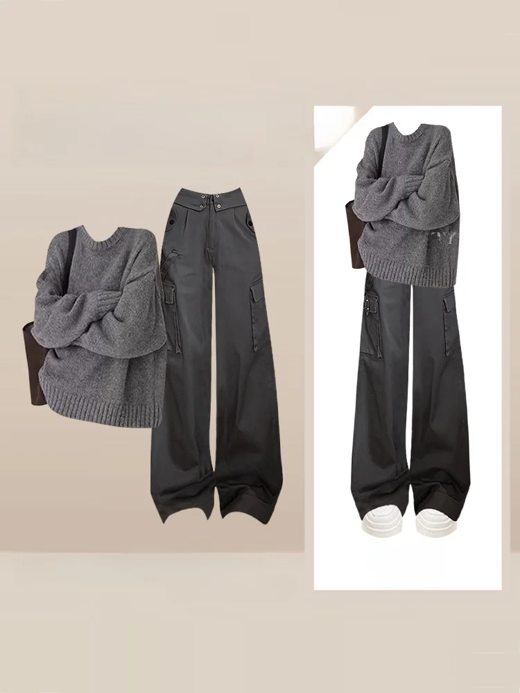 

Зимний повседневный вязаный женский комплект Long Sve с высокой талией, винтажная облегающая рабочая одежда, брюки, комплект из двух предметов, удобный ленивый сле