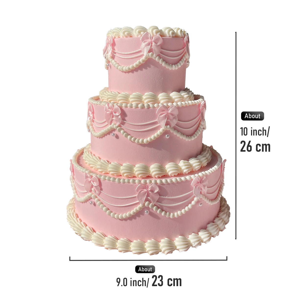 3-stöckiger rosa Kunstkuchen, 26 cm hoch, Vintage-Design mit Perlen und Schleifen, künstlicher Kuchen für Hochzeiten, Geburtstagsfeiern, Foto-Requisiten, Heimdekoration – Detail 7
