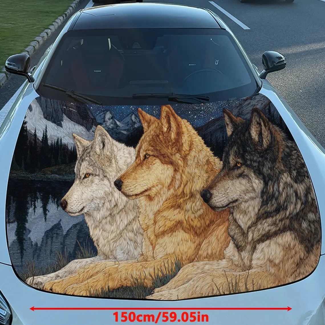 Wolf Pack Mountain Exploration PVC Car Engine Hood Vinyl Wraps, Self-Adhesive Waterproof Car Hood Decal Sticker, Car Decoration