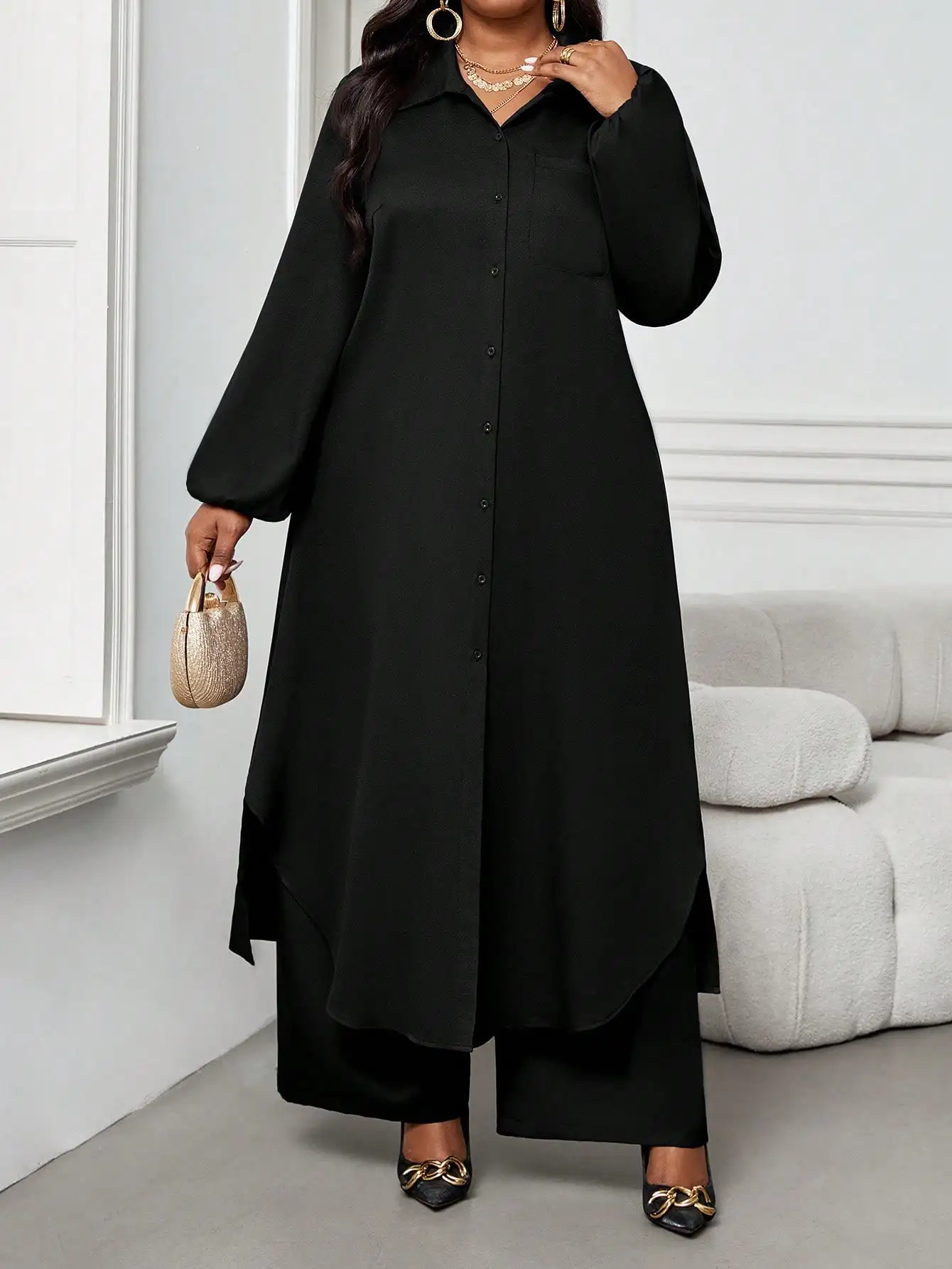 

Черное платье-рубашка больших размеров из тканого материала с рукавами-фонариками и асимметричным подолом