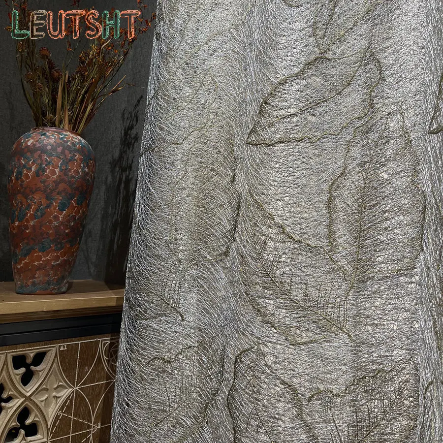 Luxury European Gold Leaf Bird Nest Hollow Jacquard Gray Sheer Curtains Delicate Tulle for Living Room Bedroom Home Decor