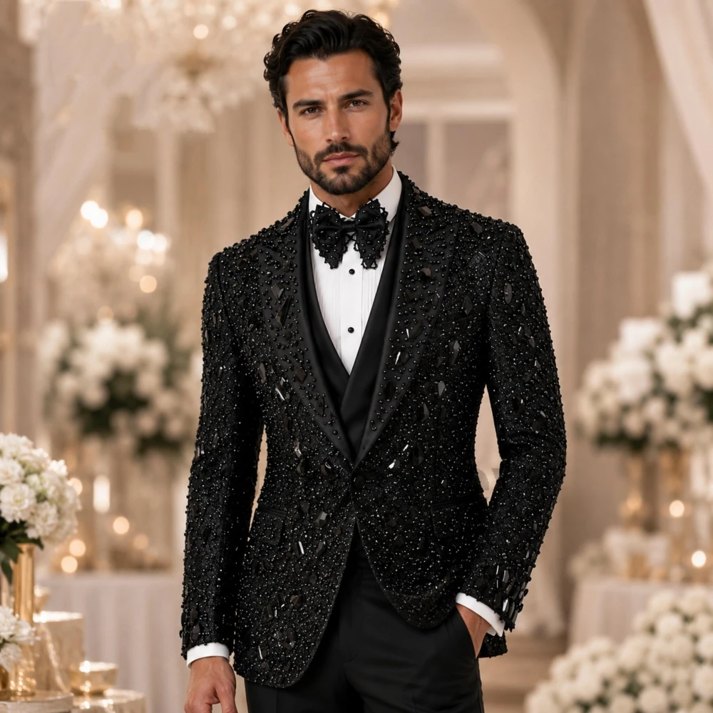 Olibexley Luxury Ivory 3 Piece Groom Men Suits Crystal Diamond Beaded Wedding Tuxedo Slim Fit Lapel Prom Blazer Customized S233