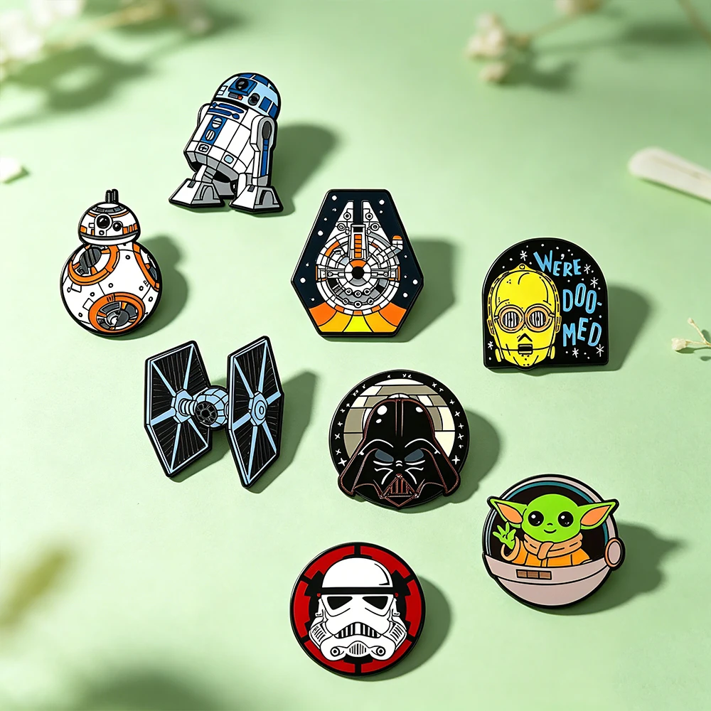 8pcs Star Wars Enamel Brooch Set R2-D2 BB-8 TIE Fighter Darth Vader Millennium Falcon Stormtrooper Grogu Clothing Jewelry image 5