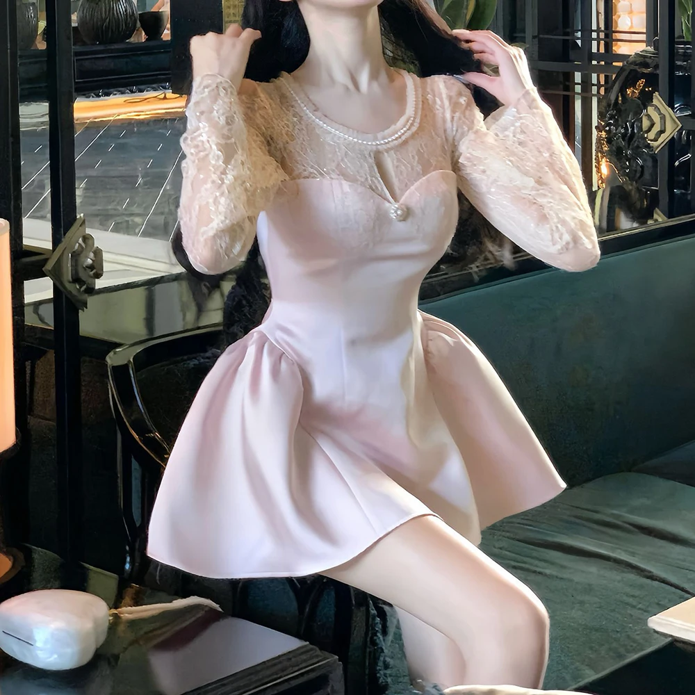 French lace dress for women, spring 2025 new style, pure waist pinching skirt, A-line long sleeved skirt  vestidos de mujer