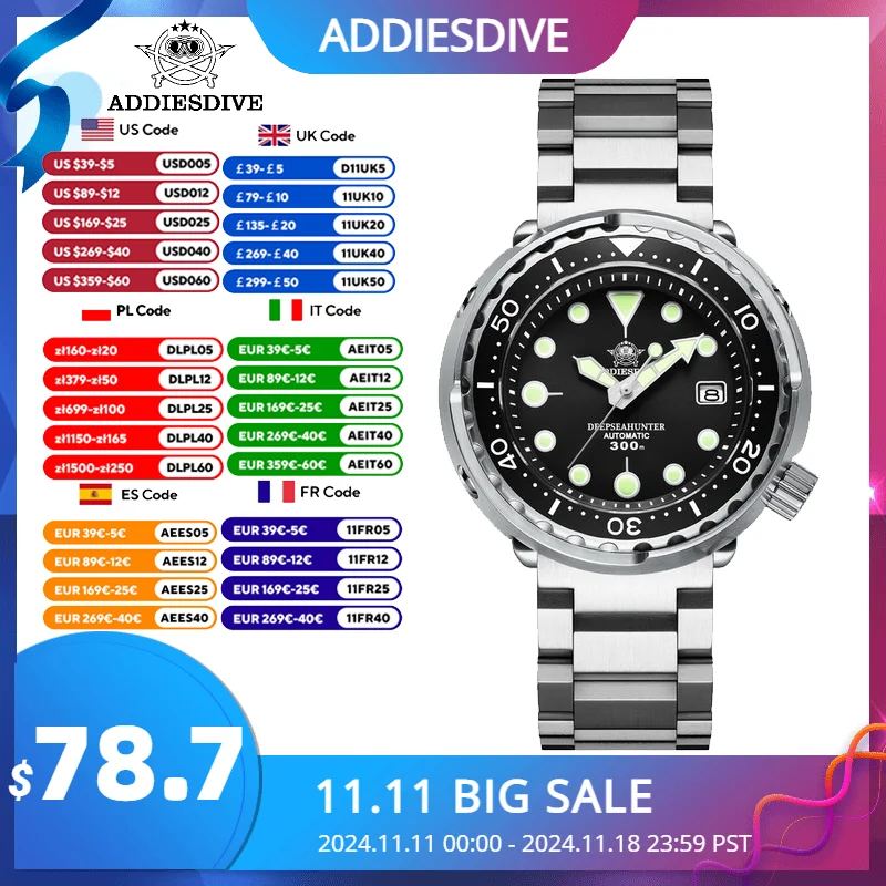 ADDIESDIVE 2023 Men's Mechanical Watch C3 luminous 300m Waterproof Sapphire NH35 Automatic Wristwatch Steel Tuna diver's watches