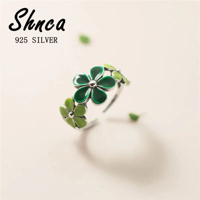 Oryginalny kreatywny Handmade 925 Sterling Silver zielony pięć płatek kwiaty otwarte pierścienie dla kobiet kobieta dziewczyna LR034