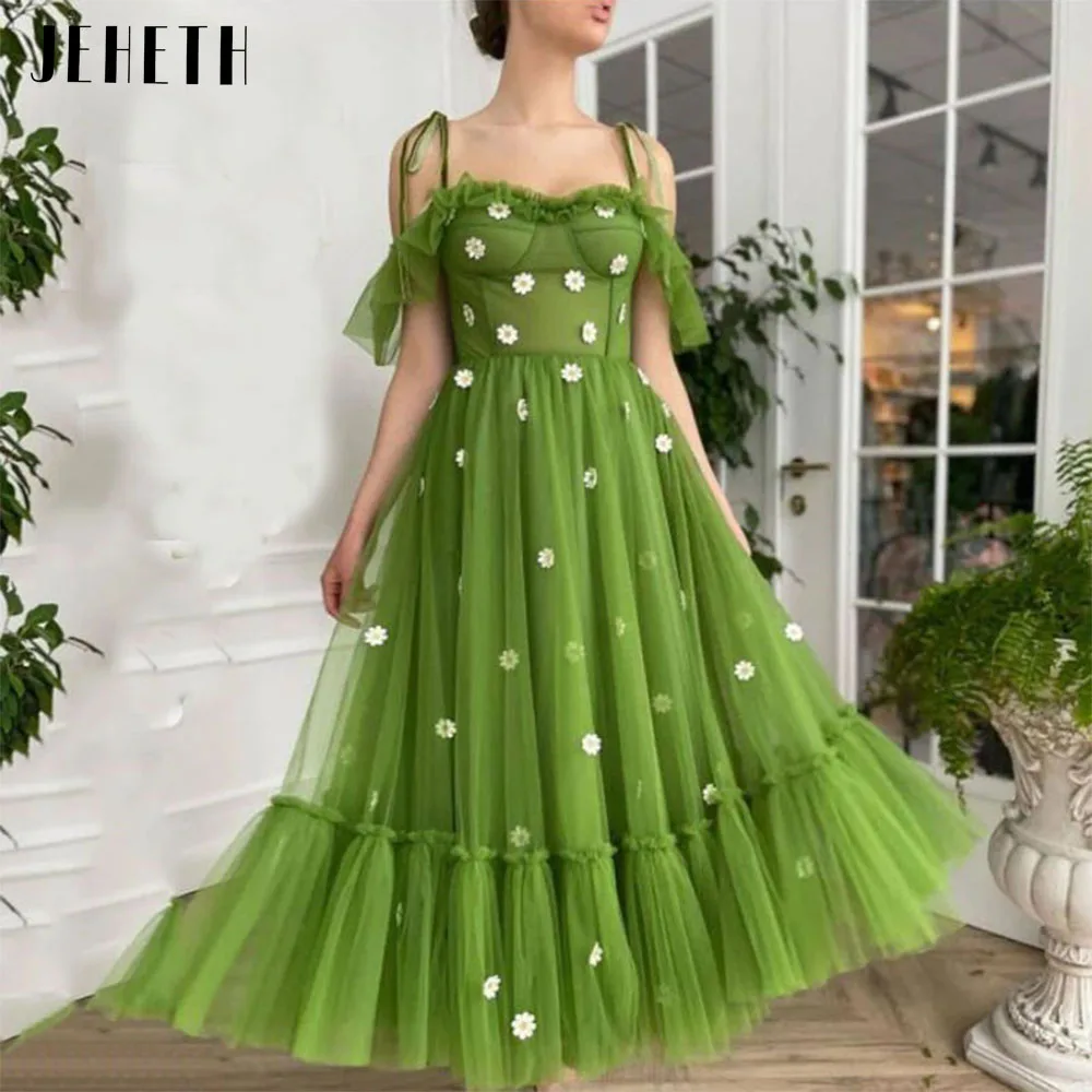 JEHETH Pastoral Emerald Green Spaghetti Straps Daisies Tulle Prom Dresses Off Shoulder Ankle Length A Line Evening Party Gowns