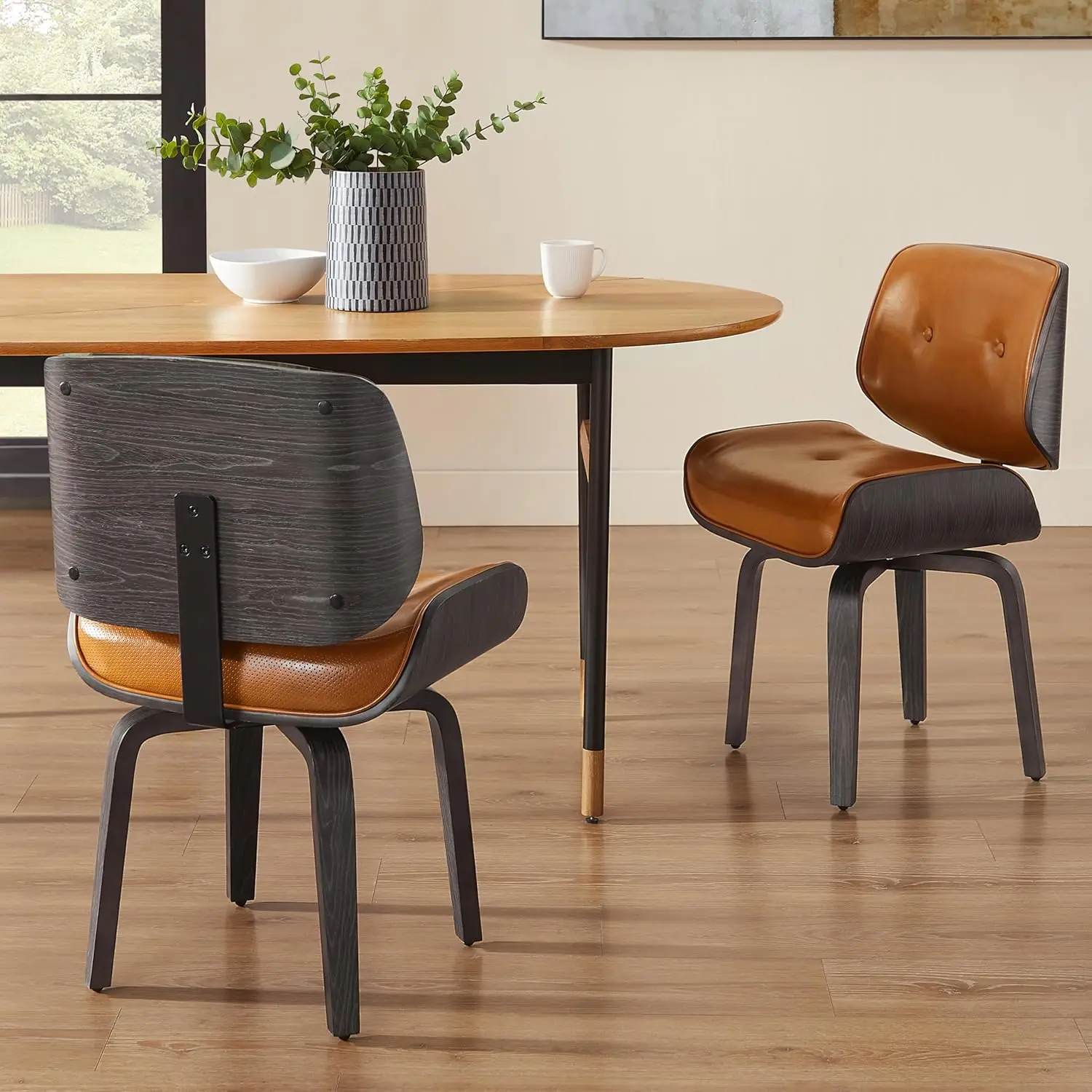 كرسي طعام دوار - كرسي طعام المطبخ الحديث في منتصف القرن، كرسي منجد من الجلد الصناعي بأرجل من الخشب الصلب