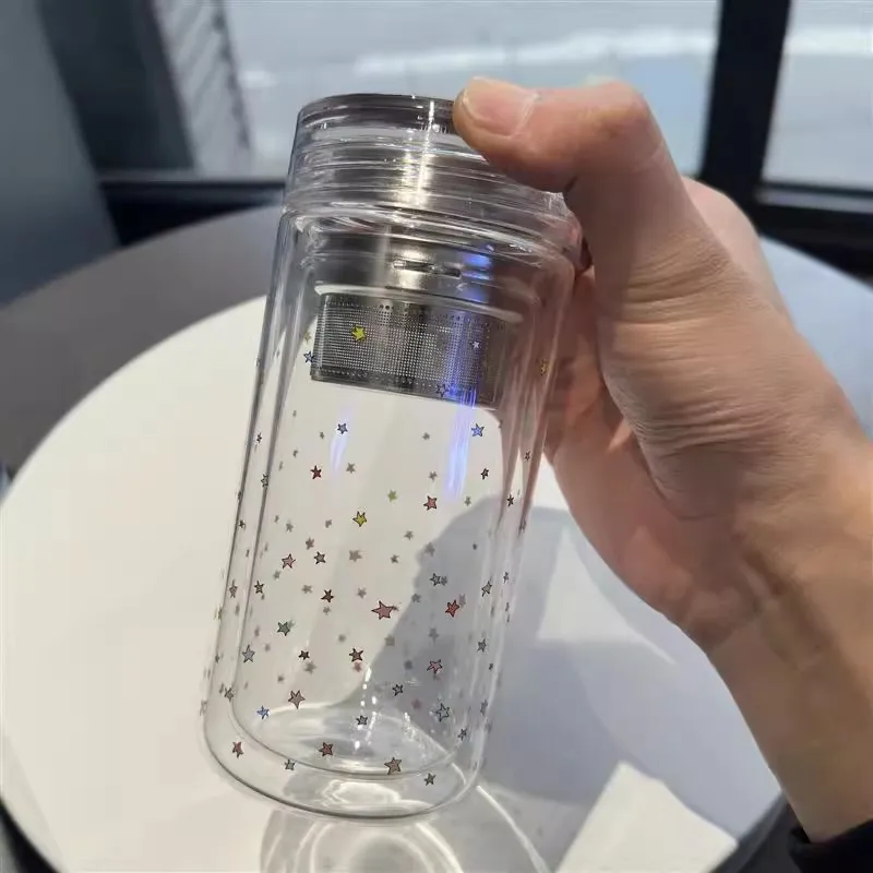 

Cute Star Double Layered Glass Water Bottles For Women Ice American Coffee Cups Office Tea Water Cup With Tea Filter Cup Sleeve
