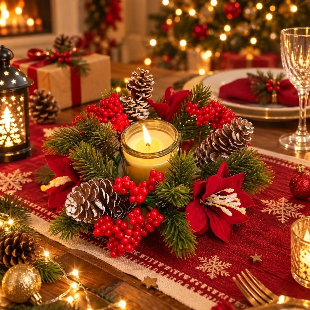 Red Berry Christmas Wreath Candlestick Pinecone Flower Wreath Candle Holder Home Ornaments Pine Needle Pillar Candlestick