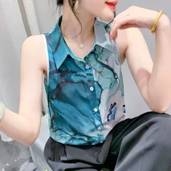 #7114 Summer Vintage Printed Womens Tops And Blouses Slim Thin Sexy Short Sleeveless Shirt Female Turn-down Collar Streetwear