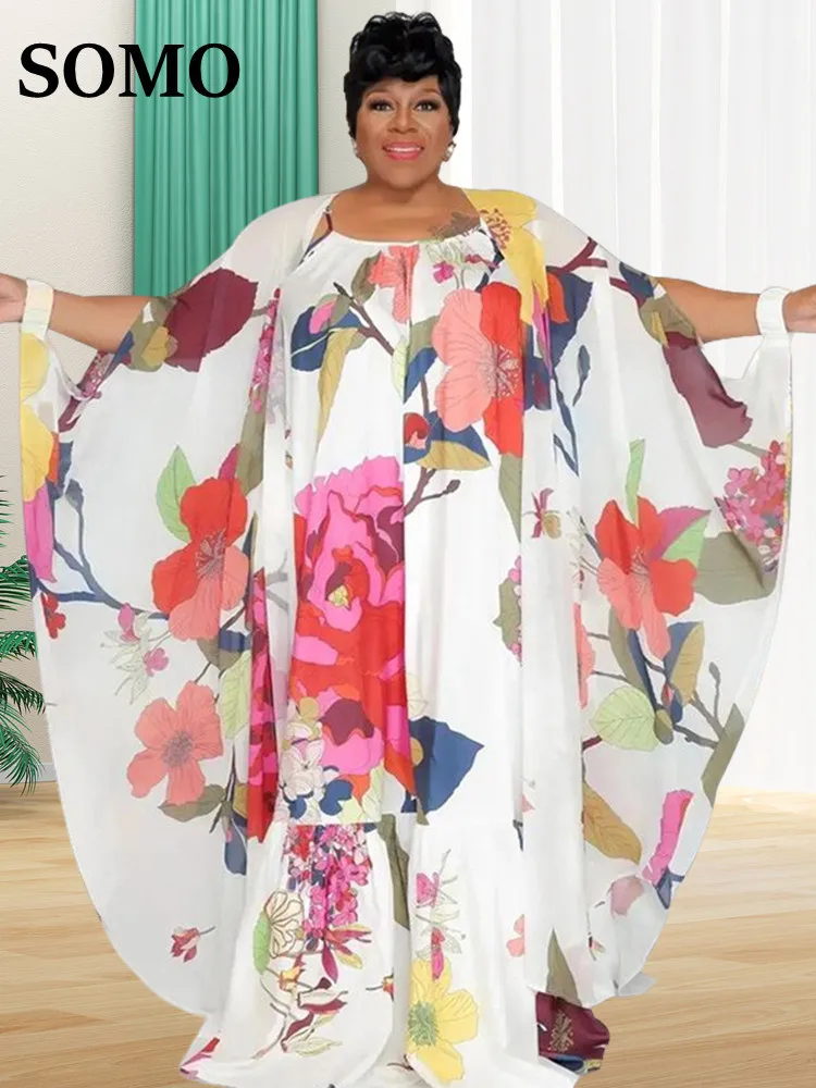 SOMO Plus Size Two Piece Set Women  Dress and Shawl Matching Summer 2023 Slip Floral Holiday New Outfits Wholesale Dropshiping